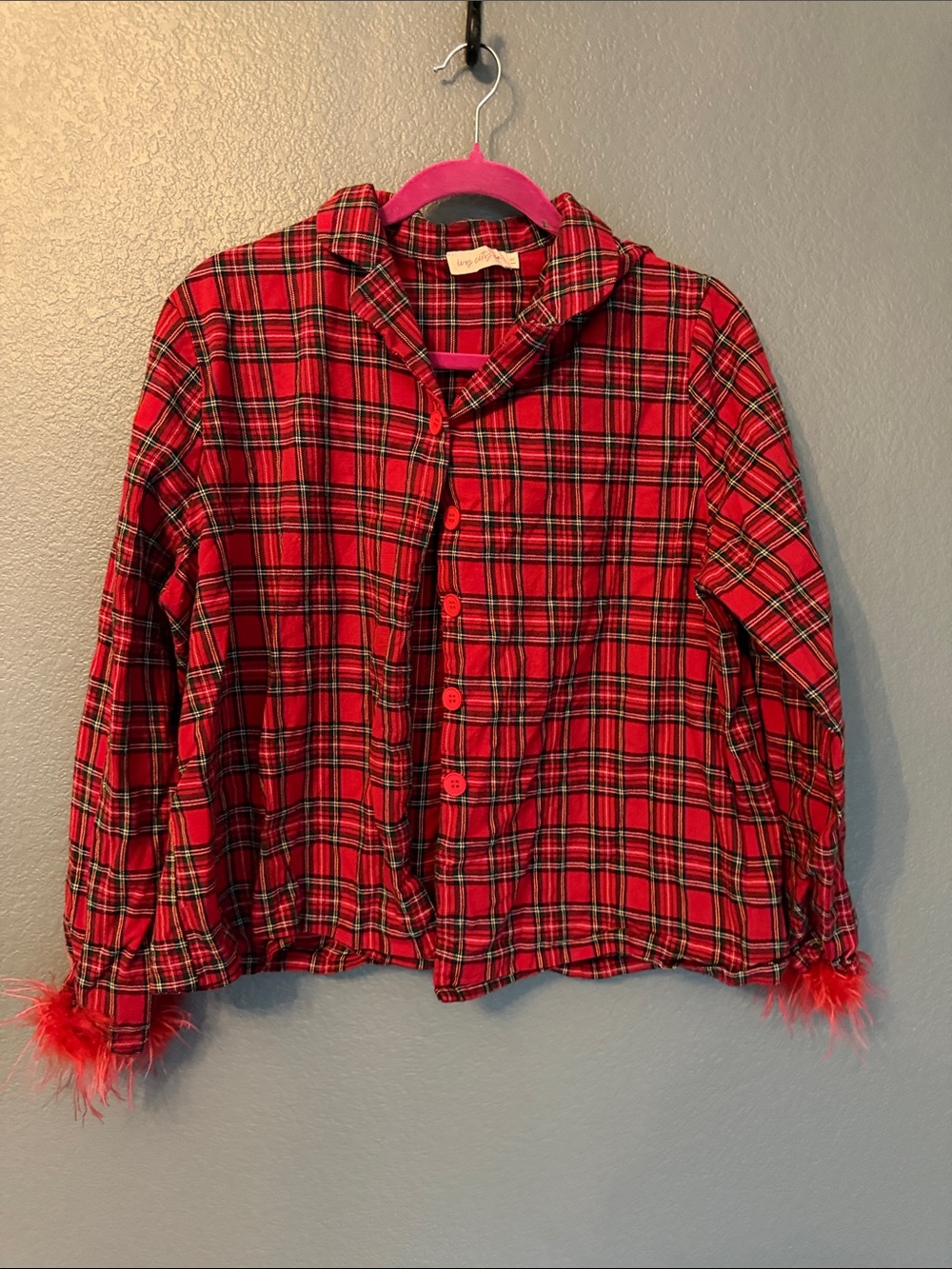 Ivy City Co Red Plaid Button-Up Top with Feather Cuffs
